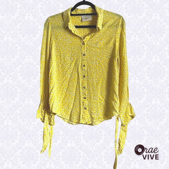 Maeve Anthro 10 Yellow Floral Blouse Tie Sleeve Button Down Top - Picture 1 of 6